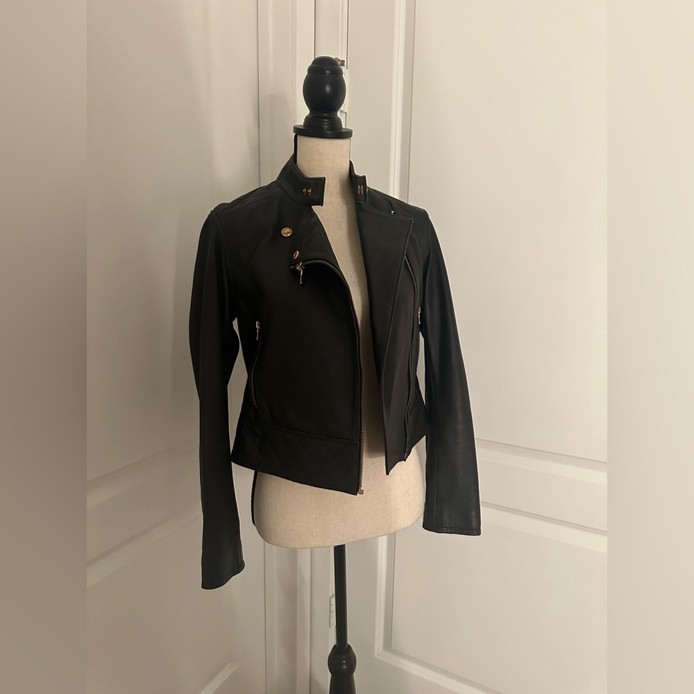 Robert Graham Black Real Leather Jacket Gold Zippers Size S | Biker Moto Quilted